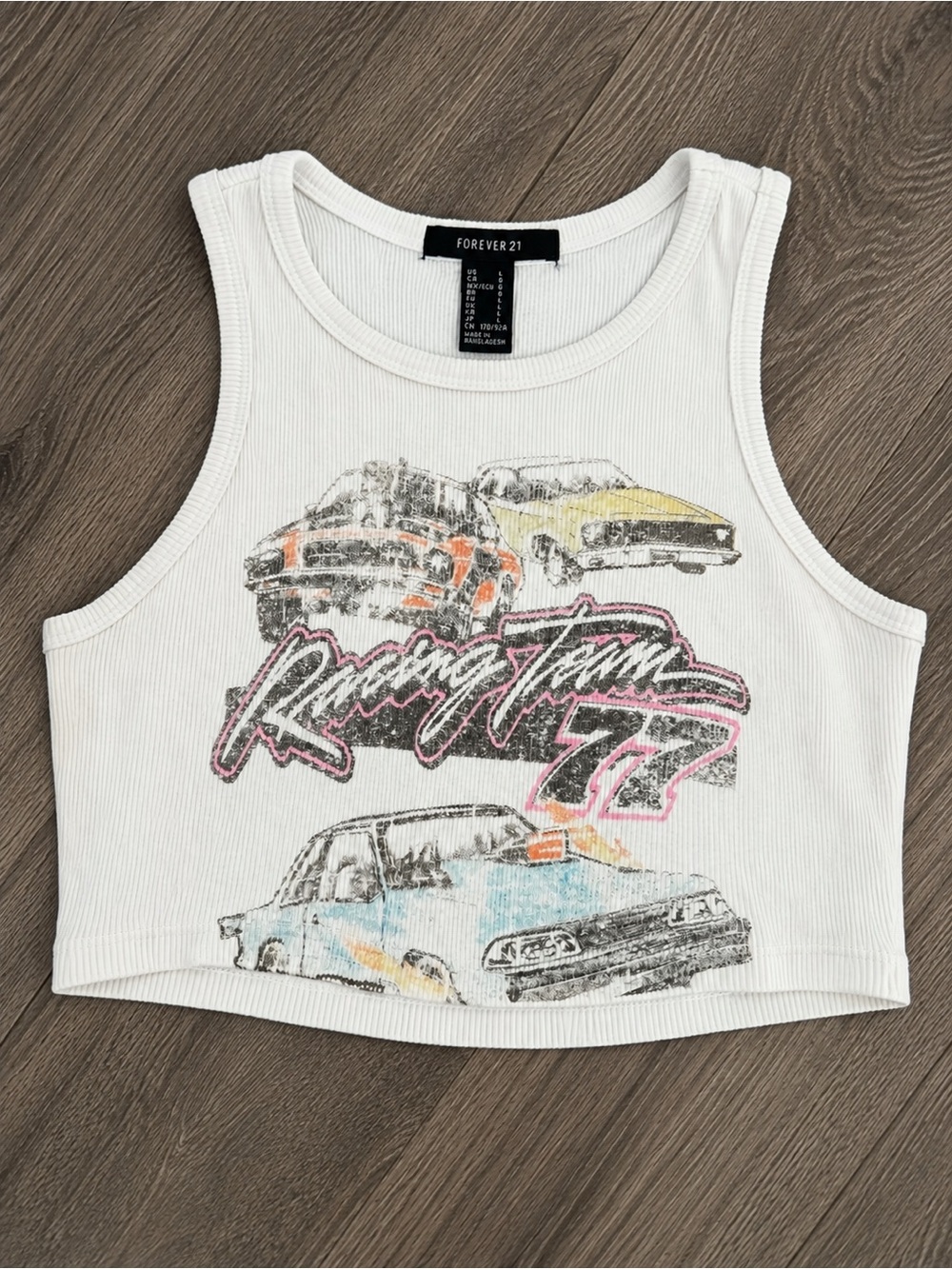 Forever 21 White Kids Racing Graphic Crop Tank with Multicolor Car Art